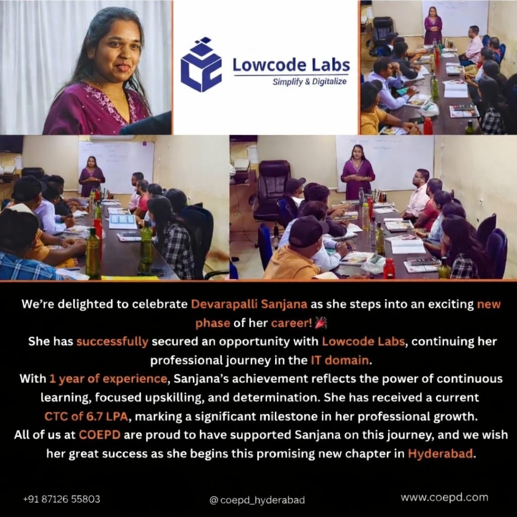 COEPD success story: Devarapalli Sanjana — Lowcode Labs · 6.7 LPA