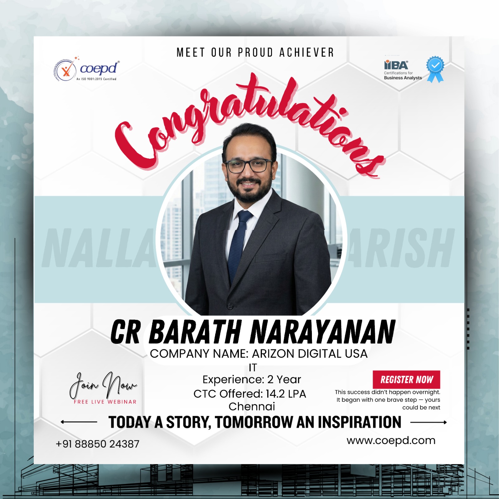 COEPD success story: CR Barath Narayanan — Arizon Digital USA · 14.2 LPA