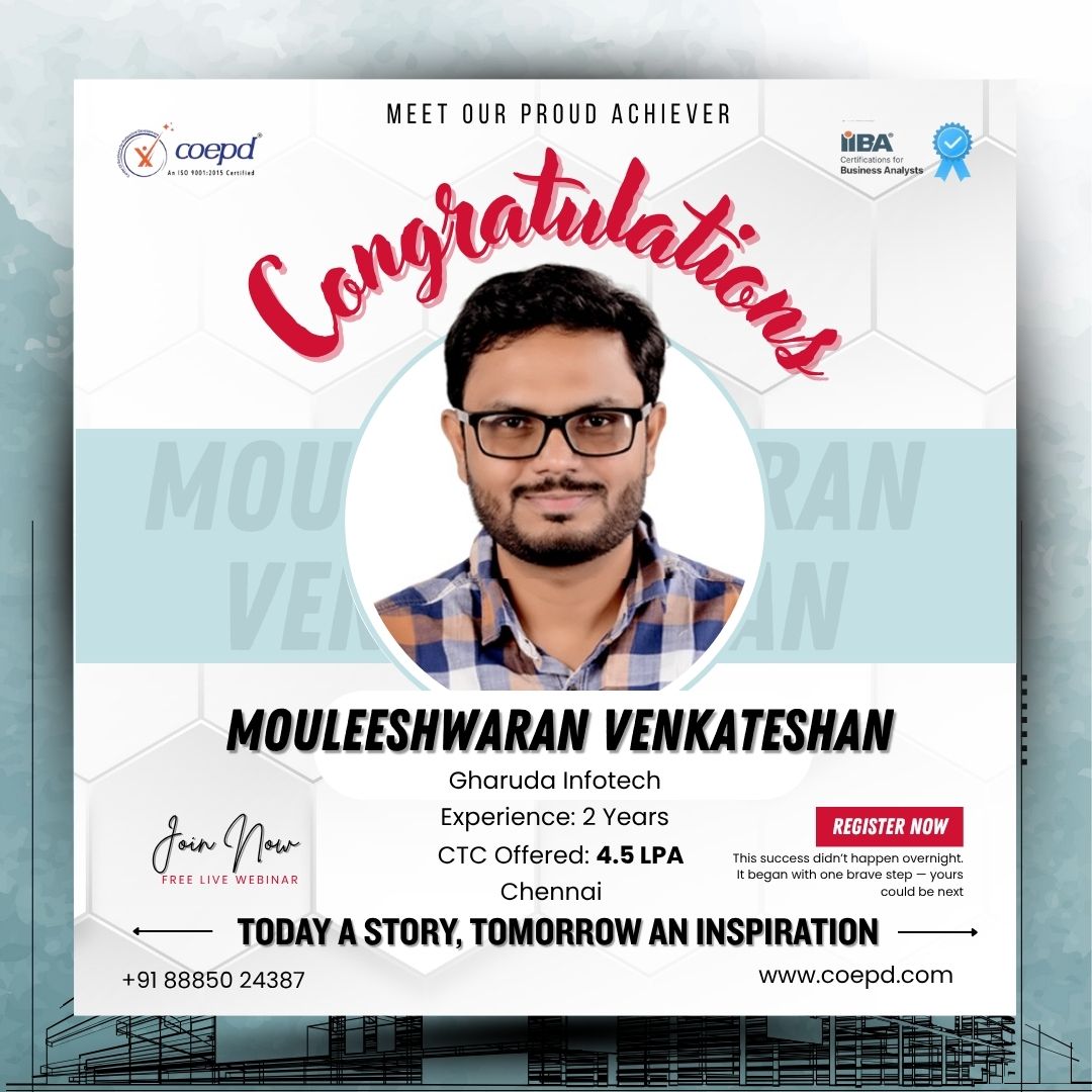 COEPD success story: Mouleeshwaran Venkateshan — Gharuda Infotech · 4.5 LPA