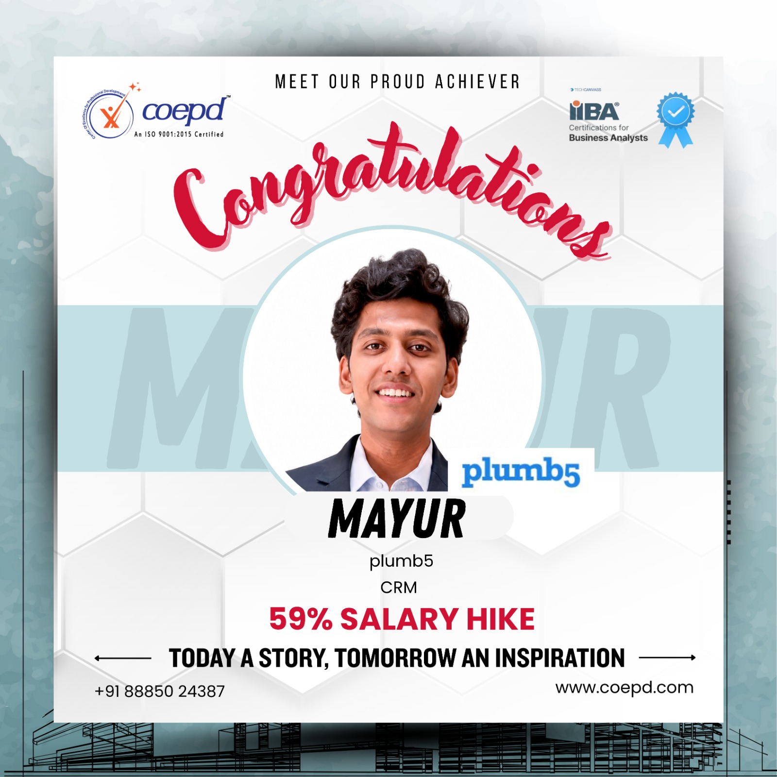 COEPD success story: Mayur — Plumb5 · 59% salary hike